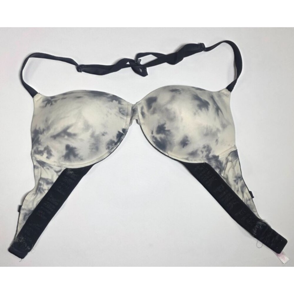 Pink Victoria Secret Wear Everywhere Push Up Bra 36DD Gray Tie Dye Logo Straps